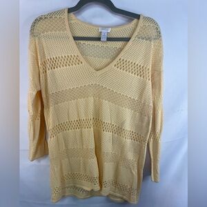 Buttery yellow 100% cotton knit sweater. Very grandma and boho styled.